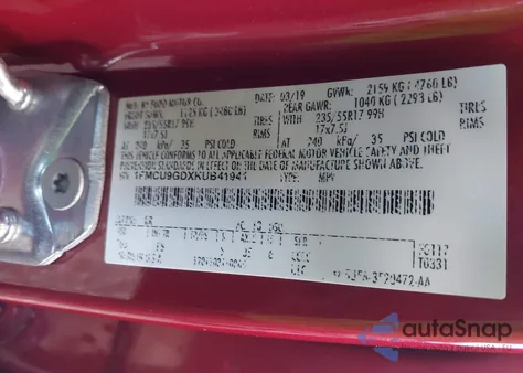 2019 Ford Escape Se z USA, uszkodzony, nr VIN 1FMCU9GDXKUB41941